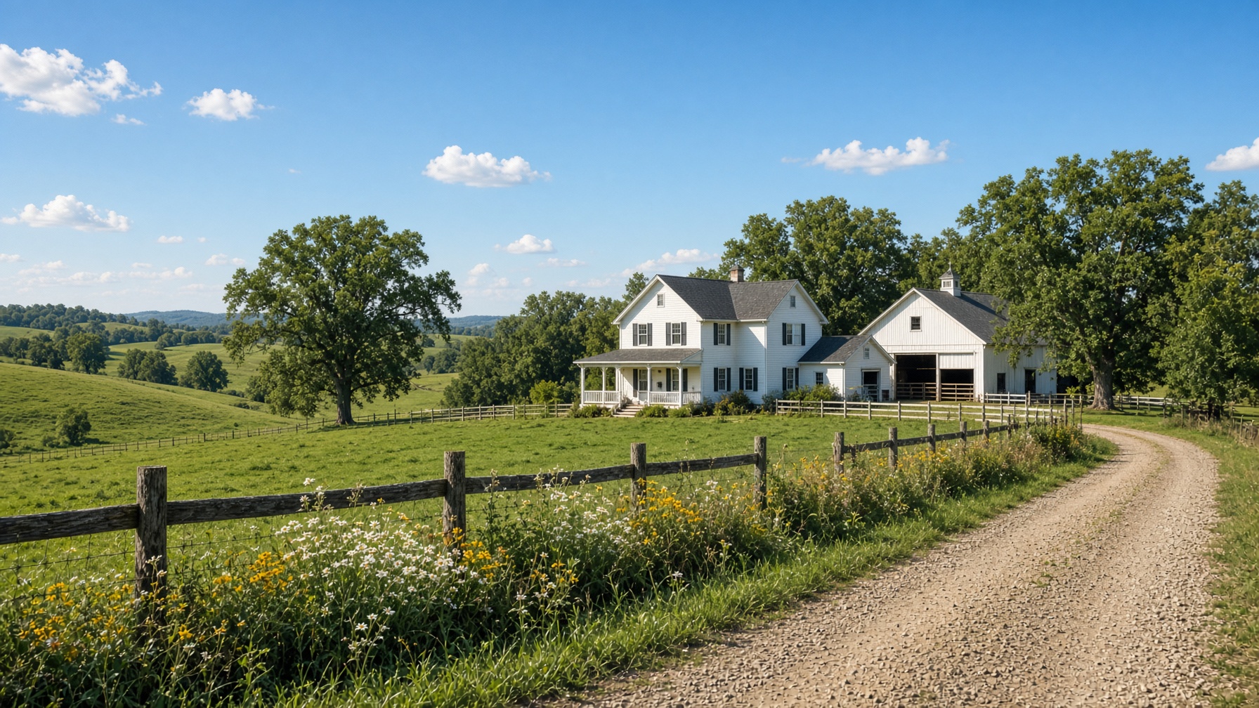 Sunlit Jefferson County farmland, a white farmhouse under a clear blue sky