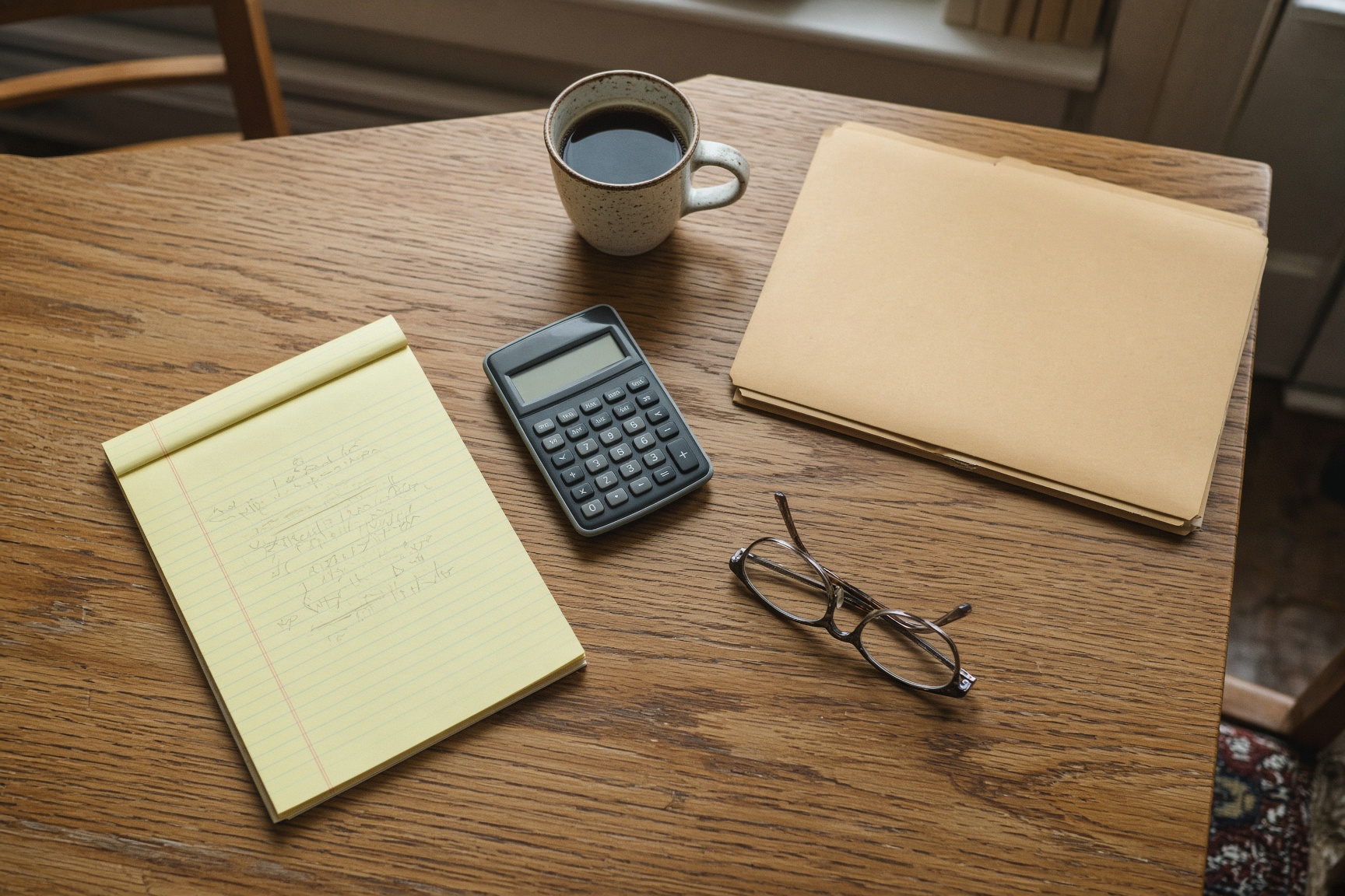 A kitchen table with a legal pad and calculator, mid-planning